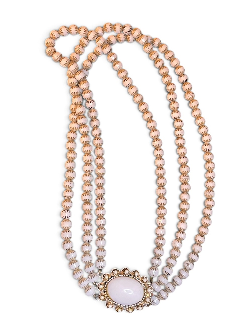 Vintage Florenza Three Strand Cream Colored Beaded Ornate Focal Clasp Necklace